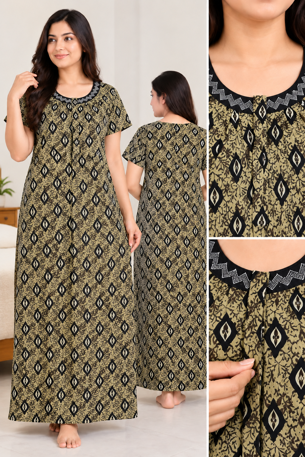 Women’s Cotton Nighty | Black & Olive Printed Long Night Dress | Half Sleeve Round Neck Nightgown for Women
