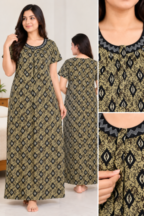 Women’s Cotton Nighty | Black & Olive Printed Long Night Dress | Half Sleeve Round Neck Nightgown for Women