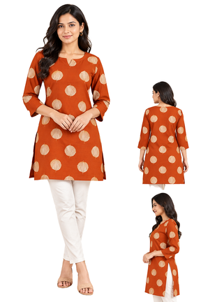 Women’s Cotton Printed Short Kurti | Round Neck 3/4 Sleeve Casual Ethnic Kurta | Orange