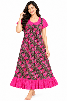 Women’s Cotton Printed Frock Nighty | Pink Floral Long Nightdress with Round Collar & Frill | Comfortable Daily Wear Sleepwear
