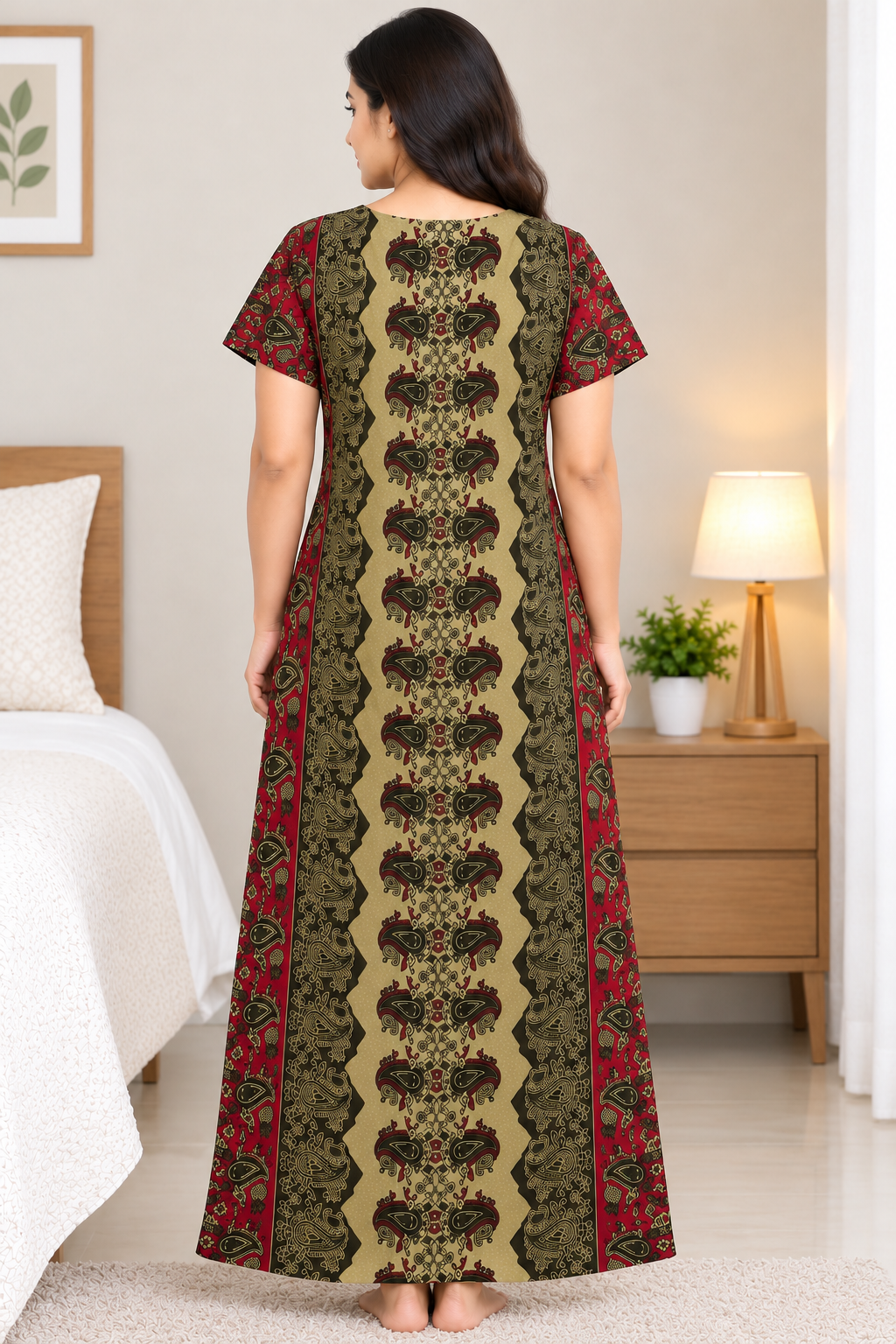 Women’s Cotton Nighty | Brown & Maroon Printed Long Night Dress | Half Sleeve Floral & Paisley Print Nightgown