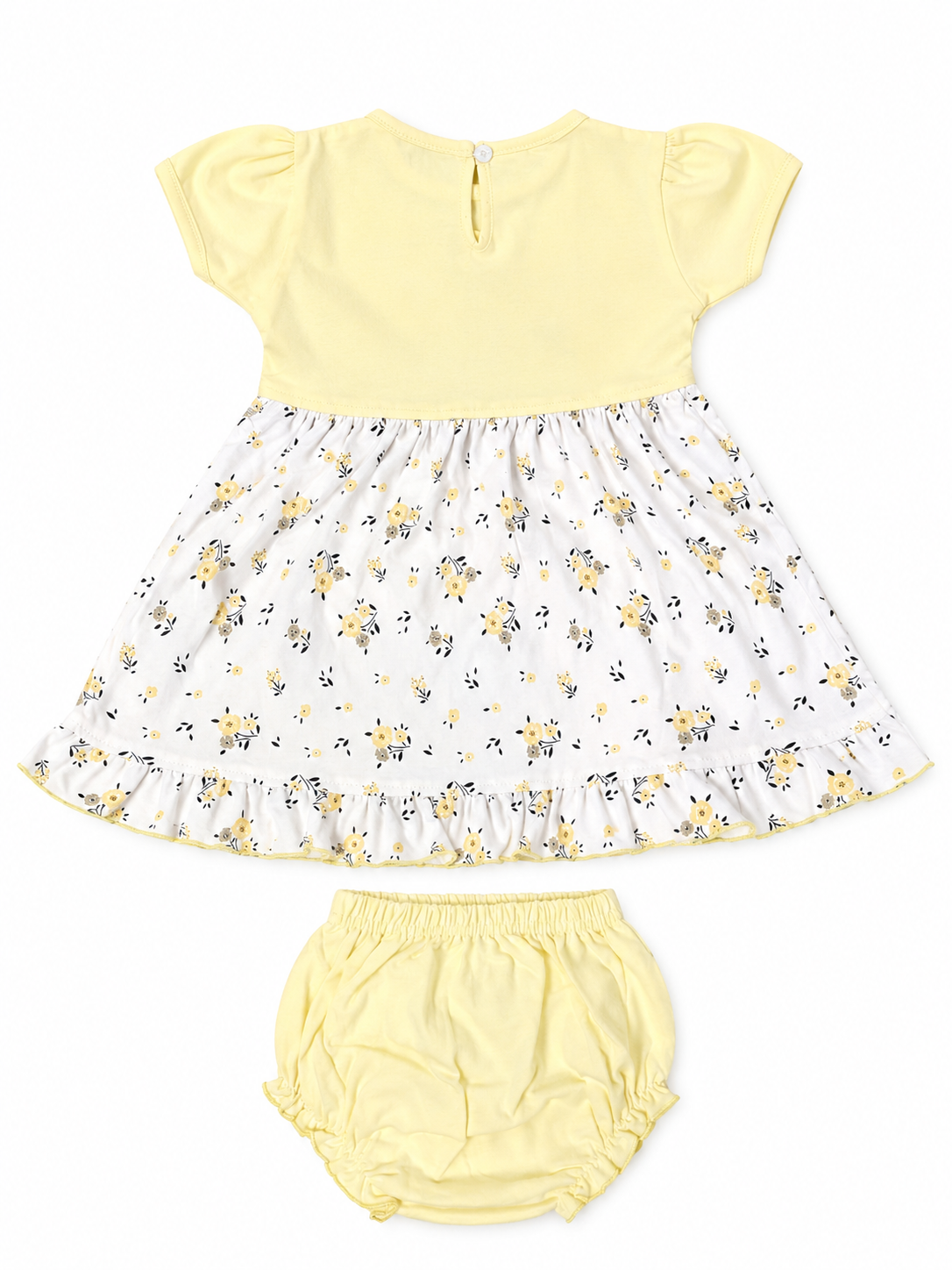 Baby Girl Cotton Frock – Floral Printed Dress with Embroidered Bodice & Frill Design