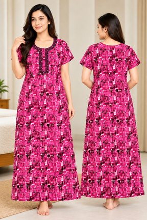 Women’s Cotton Nighty – Magenta Geometric Printed  Long Night Dress