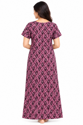 Women’s Cotton Nighty | Pink Printed Long Night Dress | Half Sleeve Round Neck Nightgown for Women