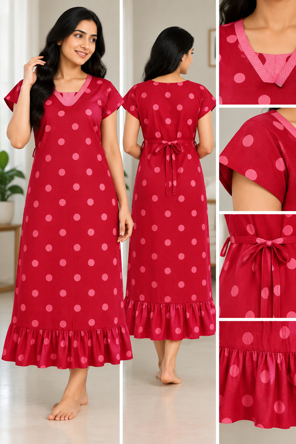 Women’s Cotton Nighty | Red Polka Dot Printed Night Dress with Short Sleeves & Ruffle Hem