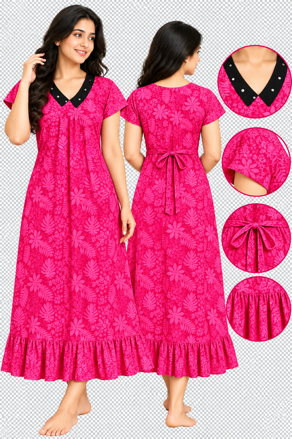 Women’s Cotton Printed Nighty | Floral Print with V-Neck Collar & Frill Hem | Comfortable Cotton Night Gown