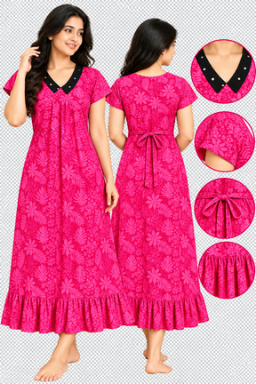 Women’s Cotton Printed Nighty | Floral Print with V-Neck Collar & Frill Hem | Comfortable Cotton Night Gown
