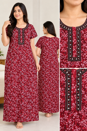 Women’s Cotton Nighty Maroon Printed Nightdress with Half Sleeves, Stylish Round Neck & Full Length