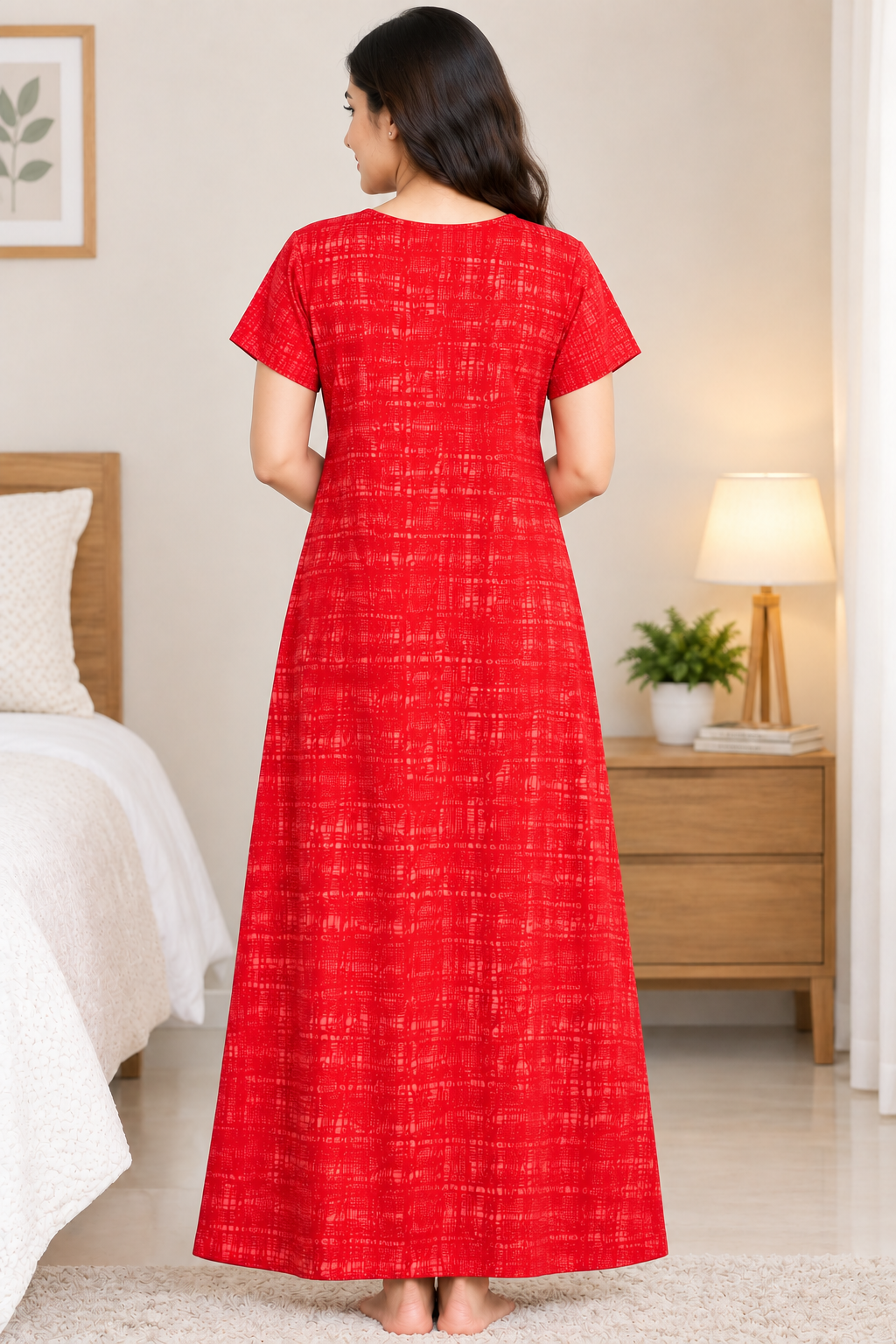 Women’s Cotton Nighty Red Printed Nightdress with Half Sleeves, Stylish Round Neck & Full Length