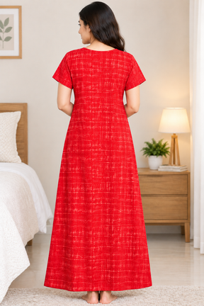 Women’s Cotton Nighty Red Printed Nightdress with Half Sleeves, Stylish Round Neck & Full Length