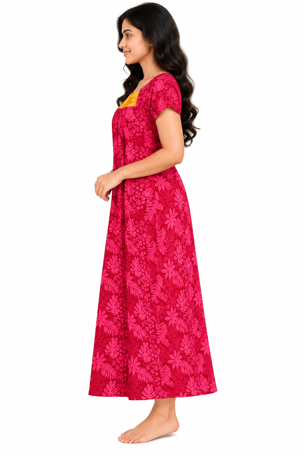 Women’s Cotton Nighty |  Floral Printed Night Dress with Short Sleeves & Round Neck