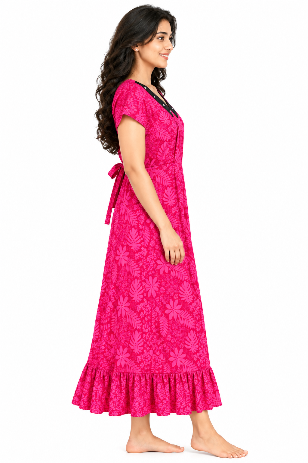 Women’s Cotton Printed Nighty | Floral Print with V-Neck Collar & Frill Hem | Comfortable Cotton Night Gown