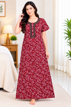 Women’s Cotton Nighty Maroon Printed Nightdress with Half Sleeves, Stylish Round Neck & Full Length