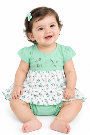 Baby Girl Cotton Frock – Floral Printed Dress with Embroidered Bodice & Frill Design