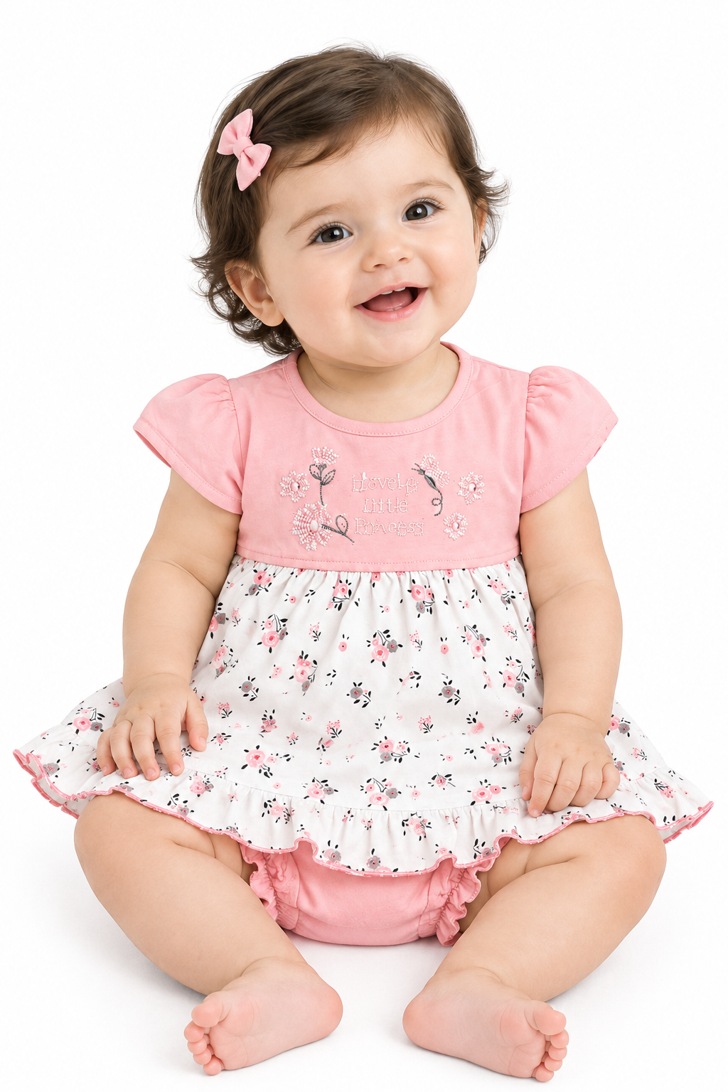 Baby Girl Cotton Frock – Floral Printed Dress with Embroidered Bodice & Frill Design