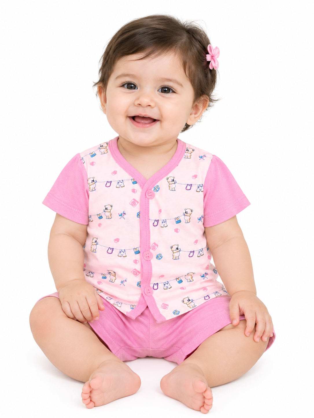Baby Unisex Cotton Dress Set | Printed Front-Open Top & Shorts | Soft Half-Sleeve Summer Wear for Infants