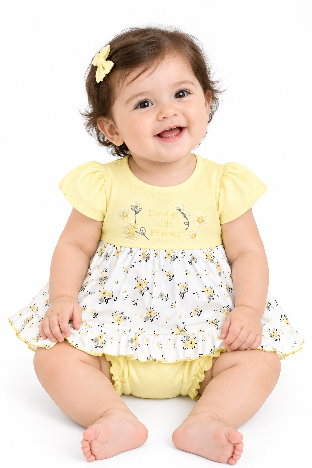 Baby Girl Cotton Frock – Floral Printed Dress with Embroidered Bodice & Frill Design
