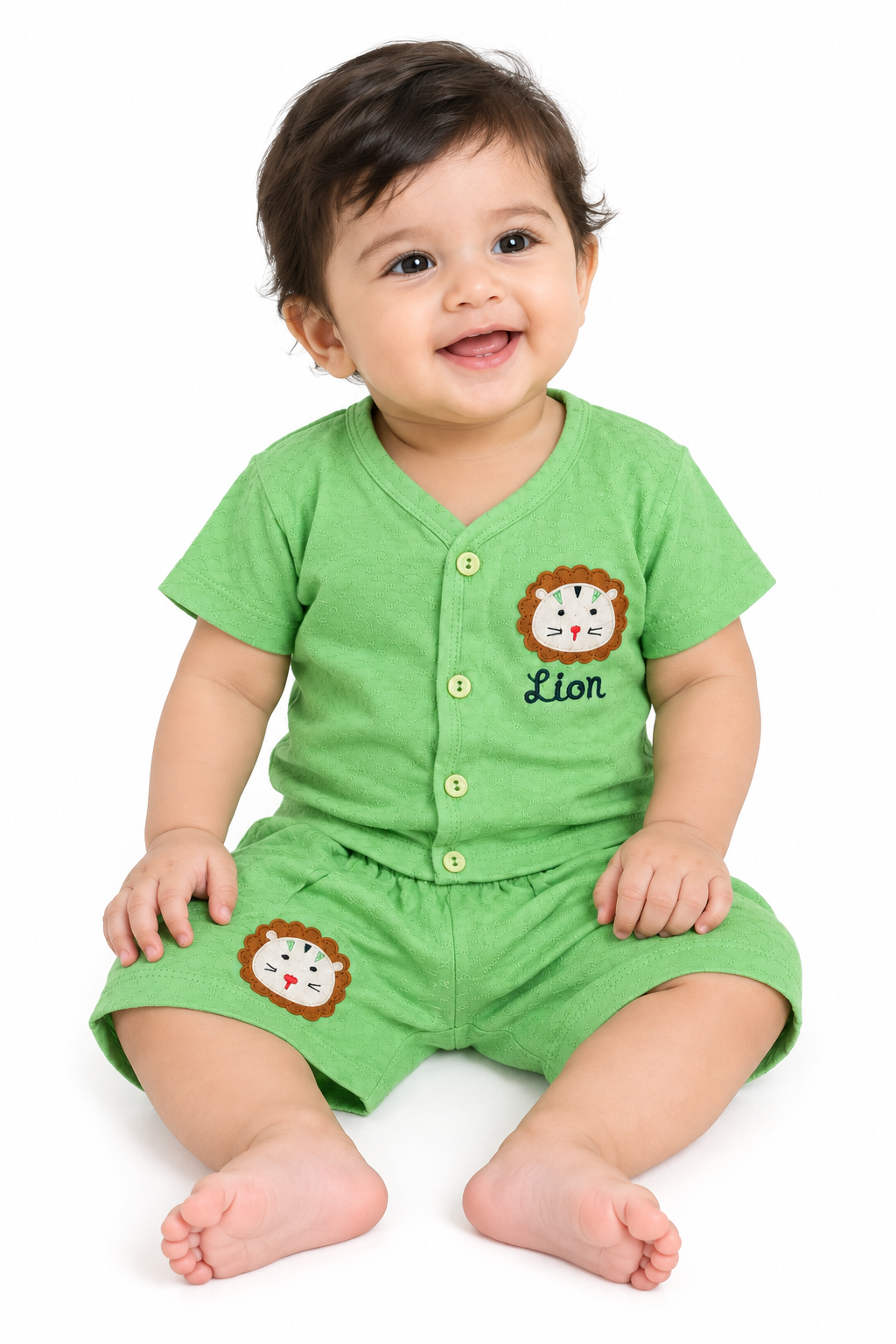 Baby Boy Cotton Dress Set with Lion Embroidery | Green Half Sleeve Top & Shorts Set | Comfortable Kids Wear