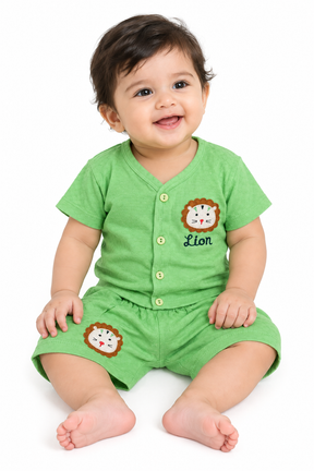 Baby Boy Cotton Dress Set with Lion Embroidery | Green Half Sleeve Top & Shorts Set | Comfortable Kids Wear