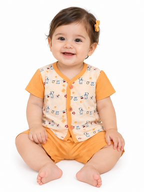 Baby Unisex Cotton Dress Set | Printed Front-Open Top & Shorts | Soft Half-Sleeve Summer Wear for Infants