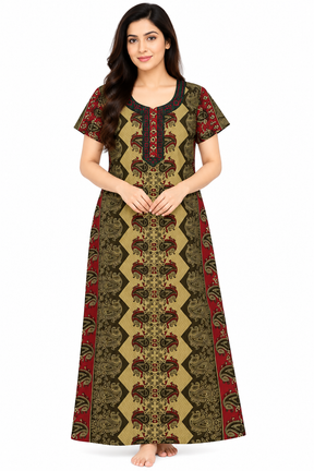 Women’s Cotton Nighty | Brown & Maroon Printed Long Night Dress | Half Sleeve Floral & Paisley Print Nightgown