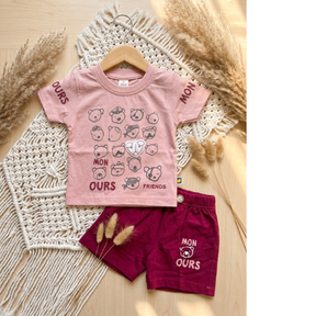 Baby Boys Pink Printed T-Shirt & Maroon Shorts Set | Cute 2-Piece Cotton Casual Outfit