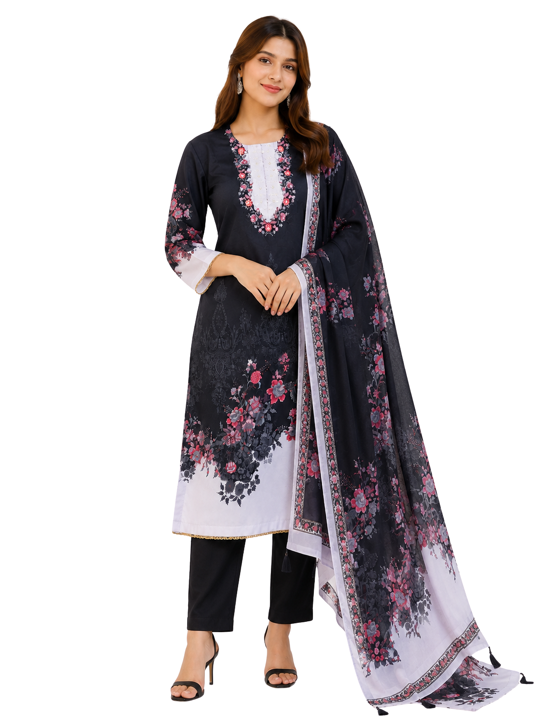 Elegant Black & White Floral Printed Pakistani Suit Set for Women with Dupatta