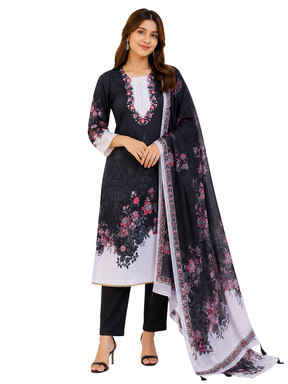 Elegant Black & White Floral Printed Pakistani Suit Set for Women with Dupatta