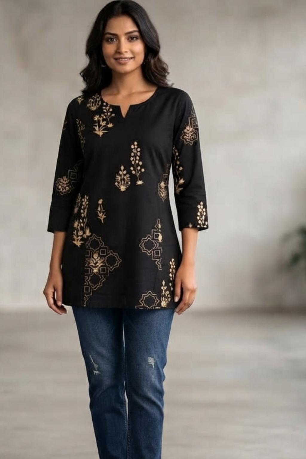 Women’s Black Printed Cotton Short Kurti | 3/4 Sleeve Casual Straight Kurta with V-Neck