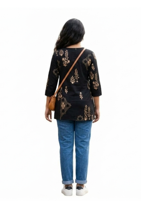 Women’s Black Printed Cotton Short Kurti | 3/4 Sleeve Casual Straight Kurta with V-Neck