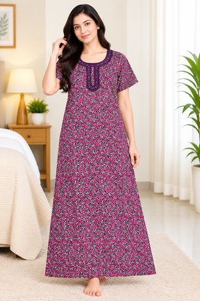 Women’s Cotton Nighty – Pink & Black Printed Short Sleeve Long Night Dress