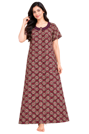 Women's Cotton Printed Full Length Nighty for Women | Maroon Floral Nightdress with Short Sleeves, Round Neck and Button Front | Comfortable Sleepwear