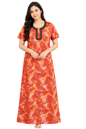 Women’s Cotton Nighty Orange Printed Nightdress with Half Sleeves, Round Neck & Comfortable Long Fit