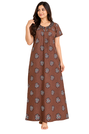 Women’s Cotton Nighty | Brown Floral Printed Long Night Dress | Half Sleeve Round Neck Nightgown for Women