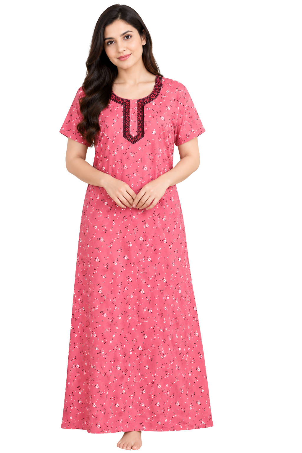 Women’s Cotton Nighty Pink Printed Nightdress with Stylish Neck Design, Half Sleeves & Comfortable Long Length