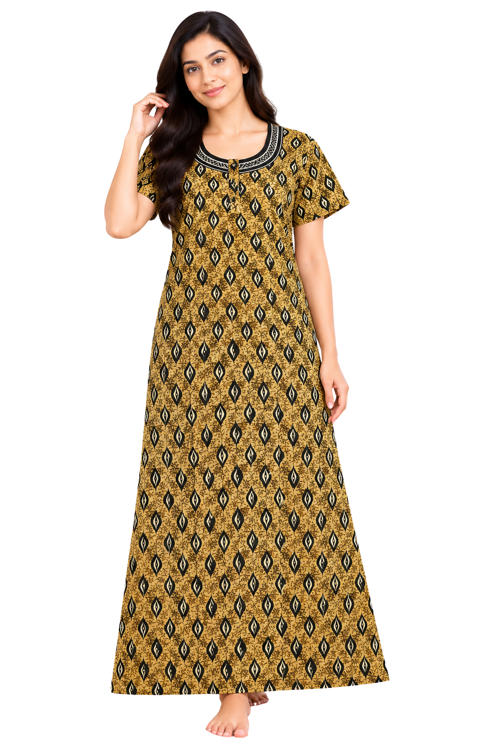 Women’s Cotton Nighty Mustard Yellow Printed Nightdress with Half Sleeves, Round Neck & Full Length