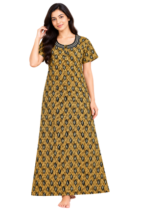 Women’s Cotton Nighty Mustard Yellow Printed Nightdress with Half Sleeves, Round Neck & Full Length