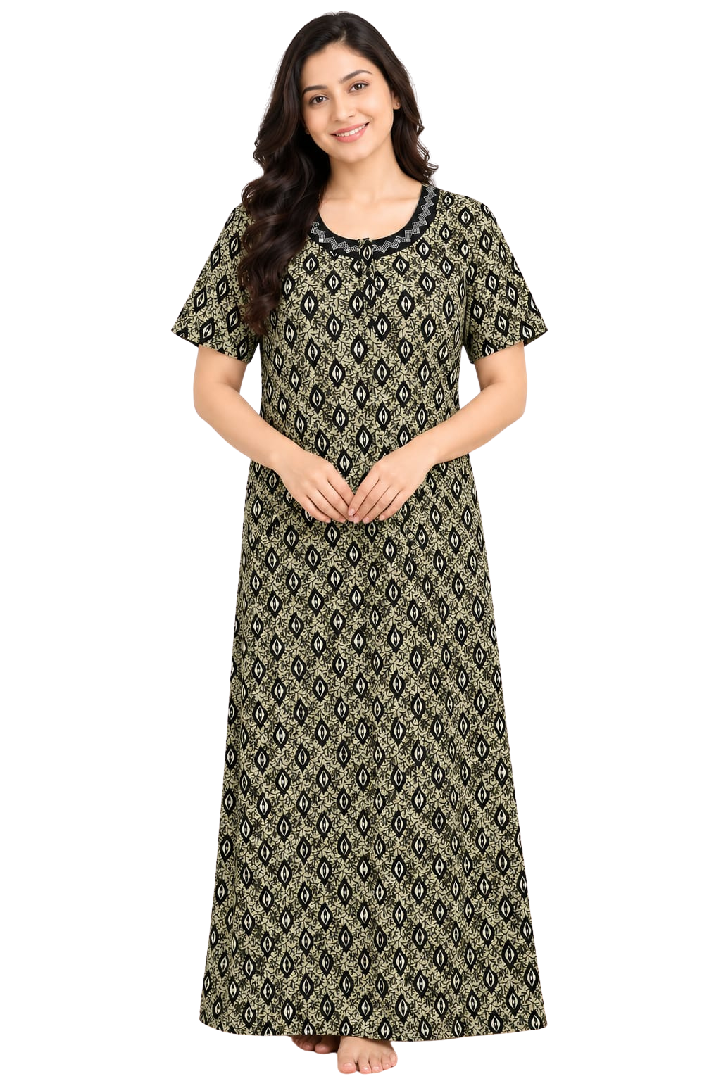 Women’s Cotton Nighty | Black & Olive Printed Long Night Dress | Half Sleeve Round Neck Nightgown for Women