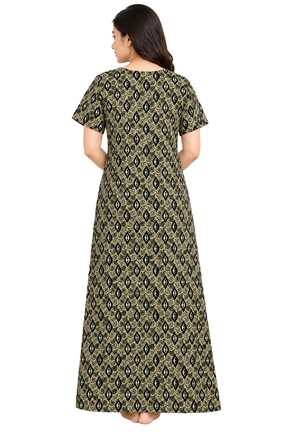 Women’s Cotton Nighty | Black & Olive Printed Long Night Dress | Half Sleeve Round Neck Nightgown for Women