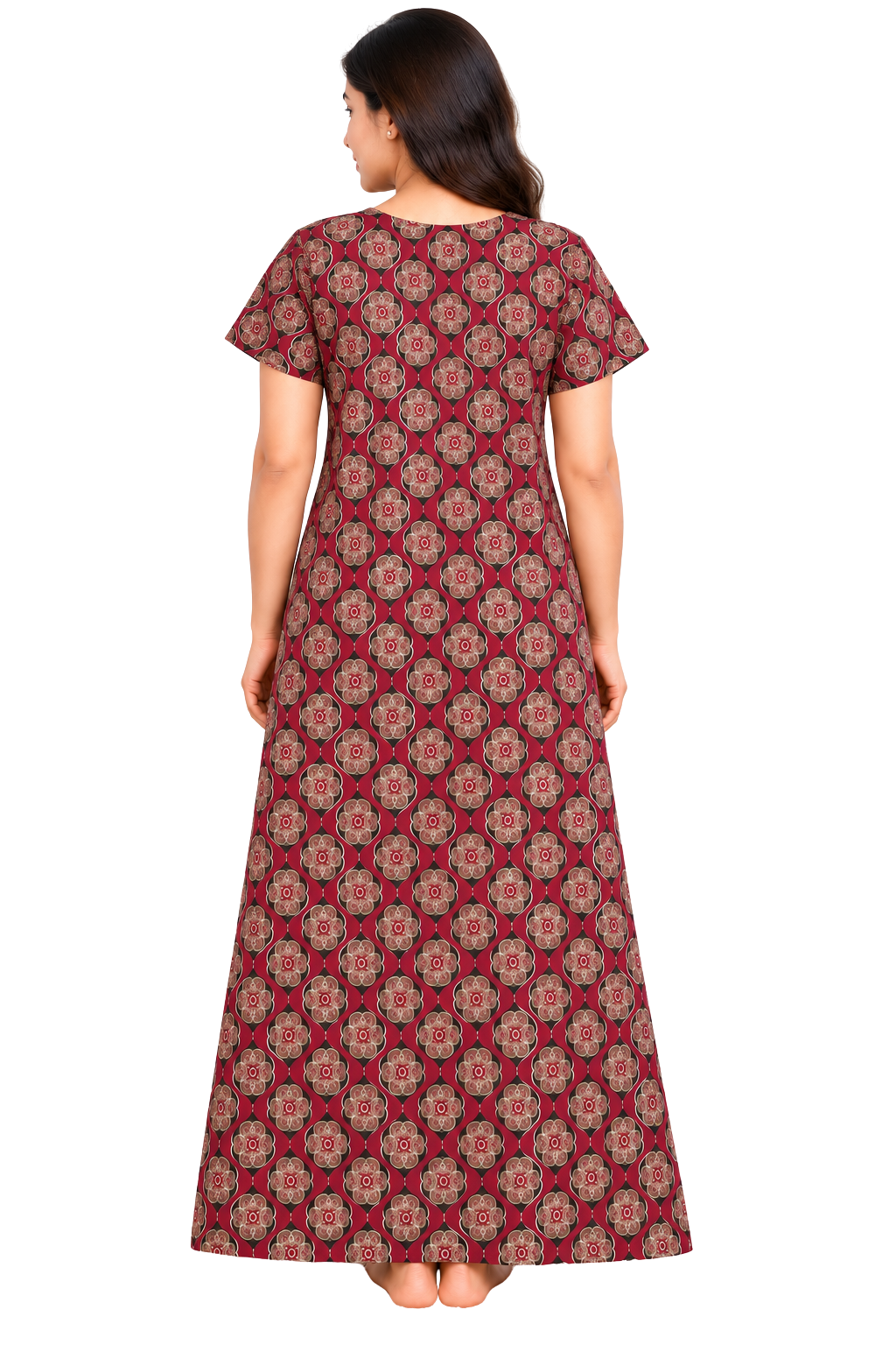 Women's Cotton Printed Full Length Nighty for Women | Maroon Floral Nightdress with Short Sleeves, Round Neck and Button Front | Comfortable Sleepwear