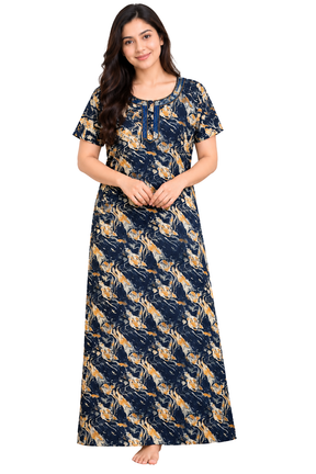 Women’s Navy Blue Floral Printed Cotton Nighty with Decorative Neck Design – Short Sleeve Full-Length Nightdress