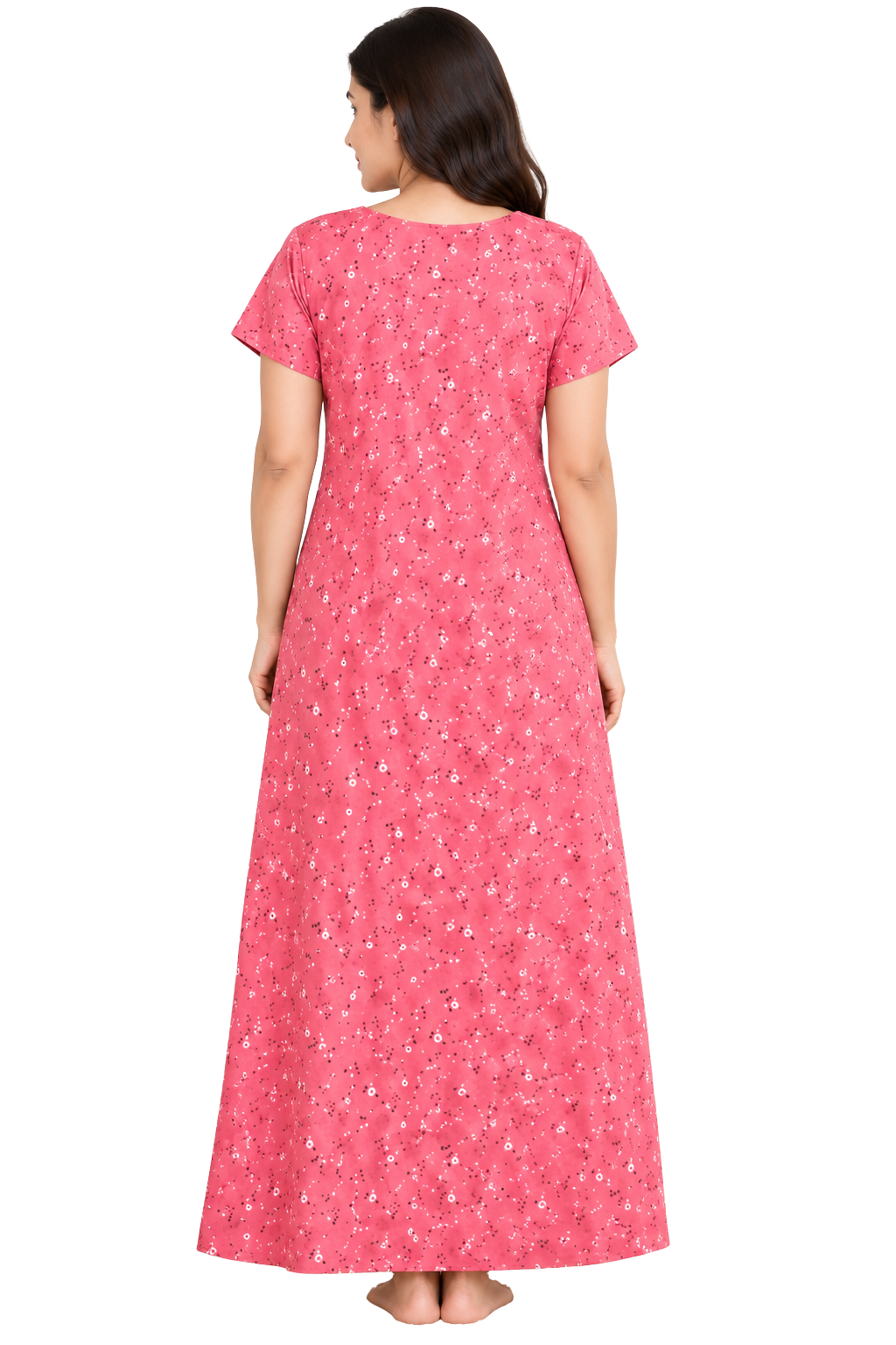 Women’s Cotton Nighty Pink Printed Nightdress with Stylish Neck Design, Half Sleeves & Comfortable Long Length