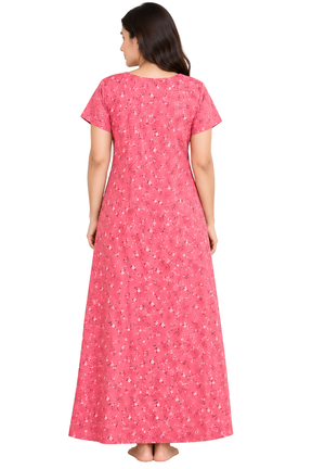 Women’s Cotton Nighty Pink Printed Nightdress with Stylish Neck Design, Half Sleeves & Comfortable Long Length