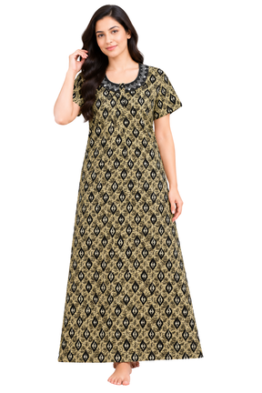 Women's Cotton Printed Full Length Nighty | Short Sleeve Round Neck Nightdress with Button Front | Black and Beige Floral Pattern Sleepwear