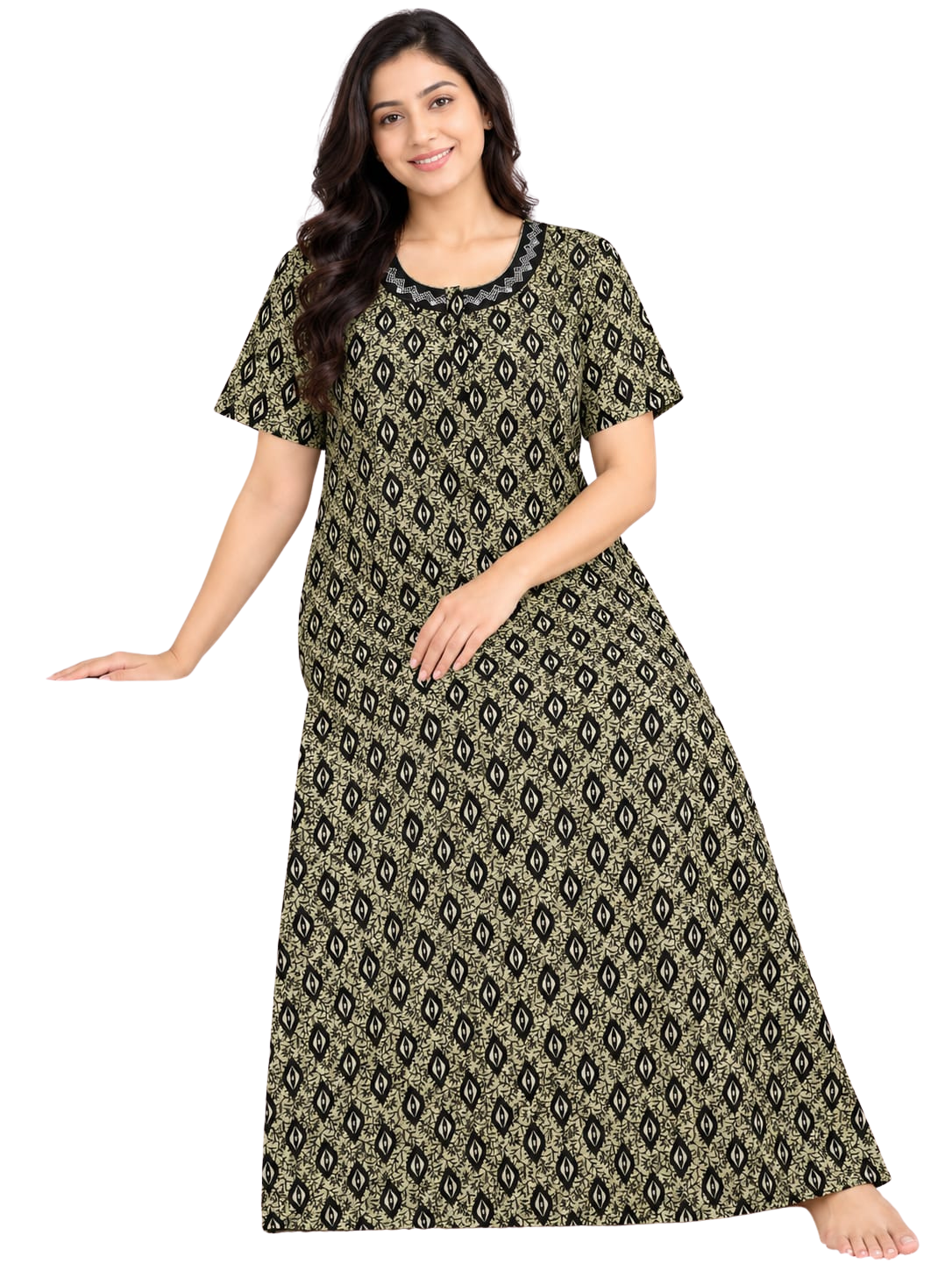 Women’s Cotton Nighty | Black & Olive Printed Long Night Dress | Half Sleeve Round Neck Nightgown for Women