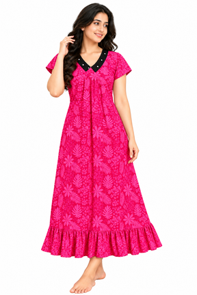 Women’s Cotton Printed Nighty | Floral Print with V-Neck Collar & Frill Hem | Comfortable Cotton Night Gown