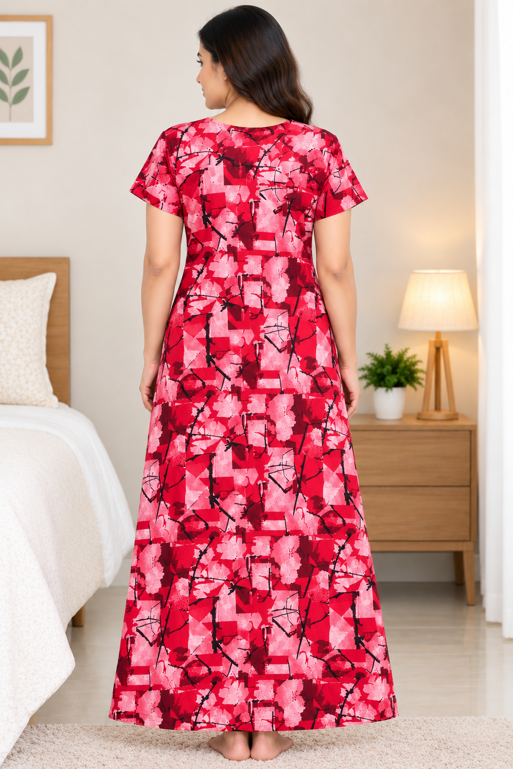 Women’s Cotton Nighty Pink Printed Nightdress with Half Sleeves, Stylish Round Neck & Full Length