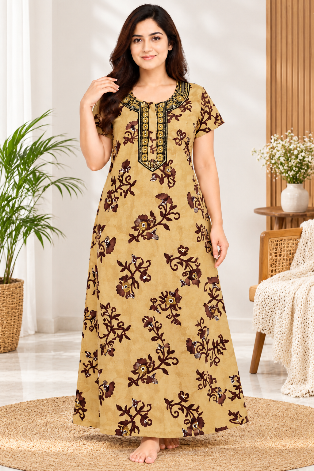 Women’s Cotton Nighty Beige Floral Printed Nightdress with Half Sleeves, Stylish Round Neck & Full Length