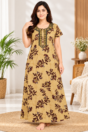 Women’s Cotton Nighty Beige Floral Printed Nightdress with Half Sleeves, Stylish Round Neck & Full Length