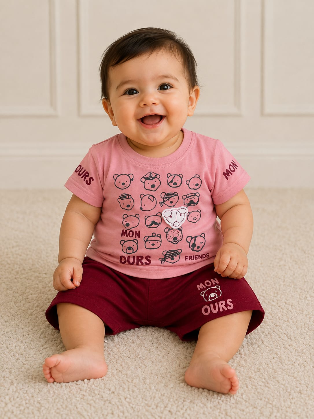Baby Boys Pink Printed T-Shirt & Maroon Shorts Set | Cute 2-Piece Cotton Casual Outfit